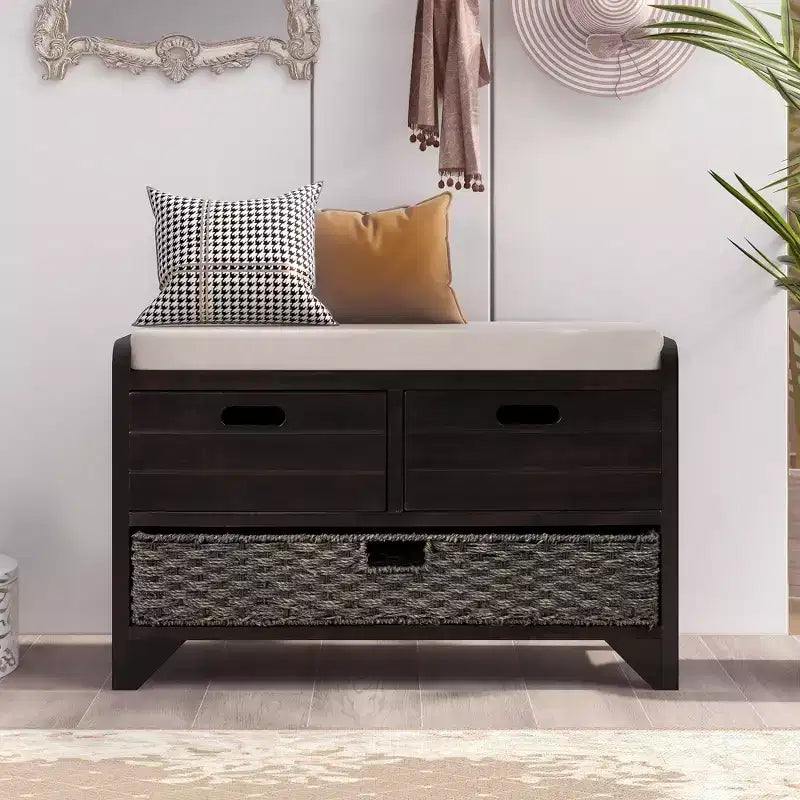 GDFStudio Hansen Acacia Wood Storage Bench with Drawers and Removable Basket
