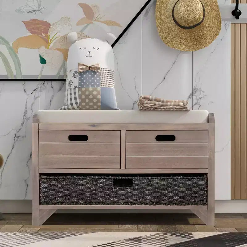 Banco de almacenamiento Hansen de madera de acacia con cajones y cesta extraíble