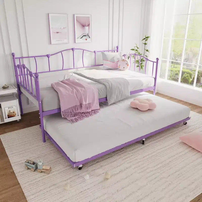 Metal Twin Daybed With Trundle Bed, Twin Size Day Bed With Pullout Trundle and Headboard, Metal Sofa Bed Frame With Steel Slat Support