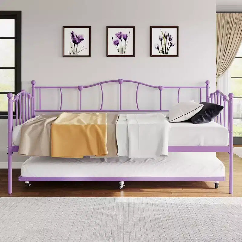 Sofá Cama Doble de Metal con Cama Nido, Sofá Cama Individual con Cama Nido Extraíble y Cabecero, Estructura de Sofá Cama de Metal con Soporte de Láminas de Acero