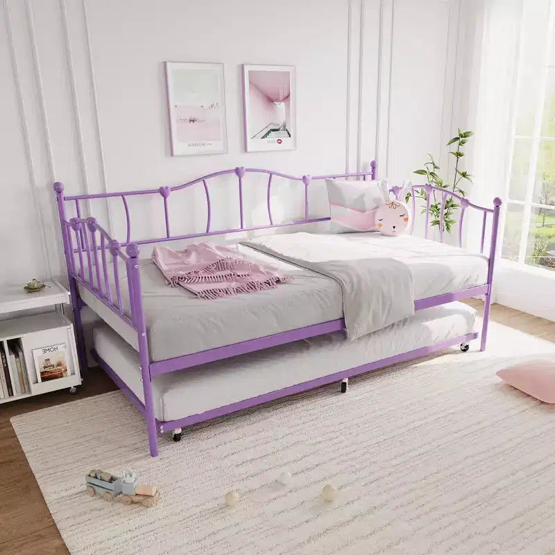 Sofá Cama Doble de Metal con Cama Nido, Sofá Cama Individual con Cama Nido Extraíble y Cabecero, Estructura de Sofá Cama de Metal con Soporte de Láminas de Acero