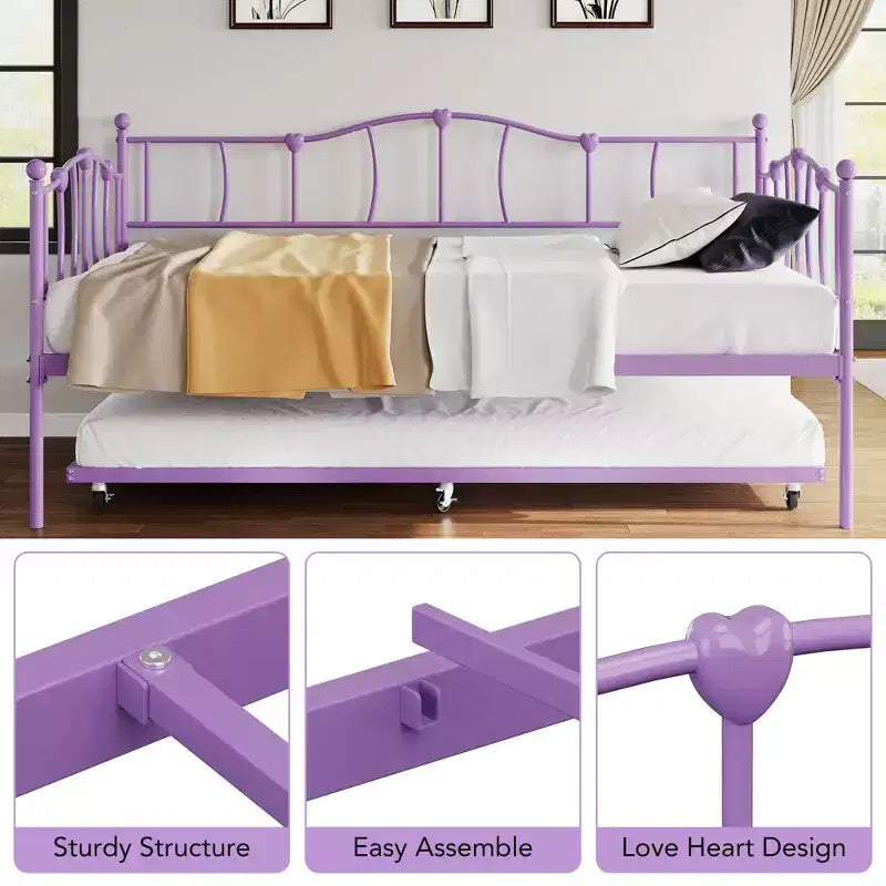 Sofá Cama Doble de Metal con Cama Nido, Sofá Cama Individual con Cama Nido Extraíble y Cabecero, Estructura de Sofá Cama de Metal con Soporte de Láminas de Acero