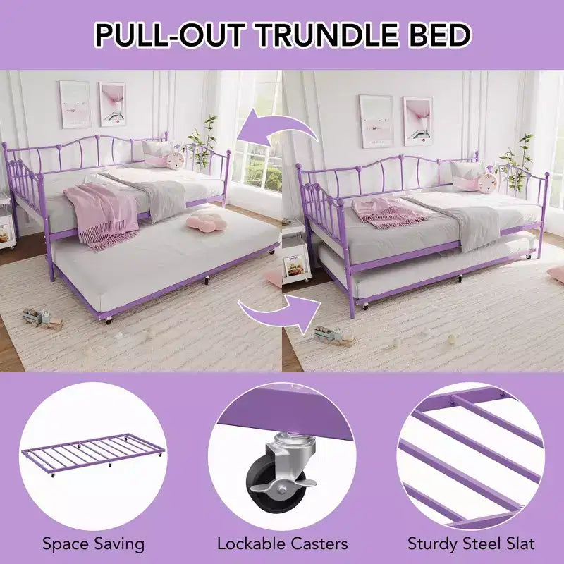 Sofá Cama Doble de Metal con Cama Nido, Sofá Cama Individual con Cama Nido Extraíble y Cabecero, Estructura de Sofá Cama de Metal con Soporte de Láminas de Acero