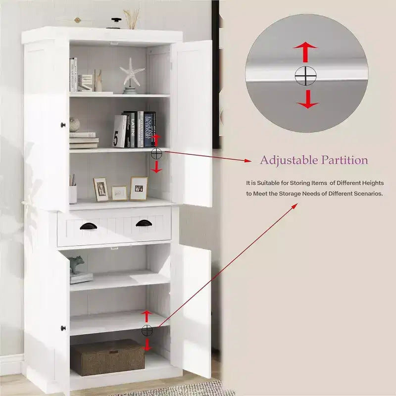 Mueble de despensa de madera blanca de 29.92 pulgadas con estantes ajustables