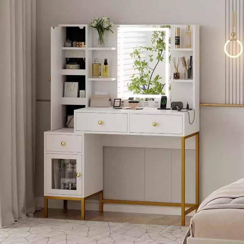 Tocador de maquillaje y taburete, escritorio blanco con espejo, puertos de carga, 3 cajones, gabinete visible, estantes abiertos, 109 cm, para dormitorio