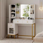 Tocador de maquillaje y taburete, escritorio blanco con espejo, puertos de carga, 3 cajones, gabinete visible, estantes abiertos, 109 cm, para dormitorio