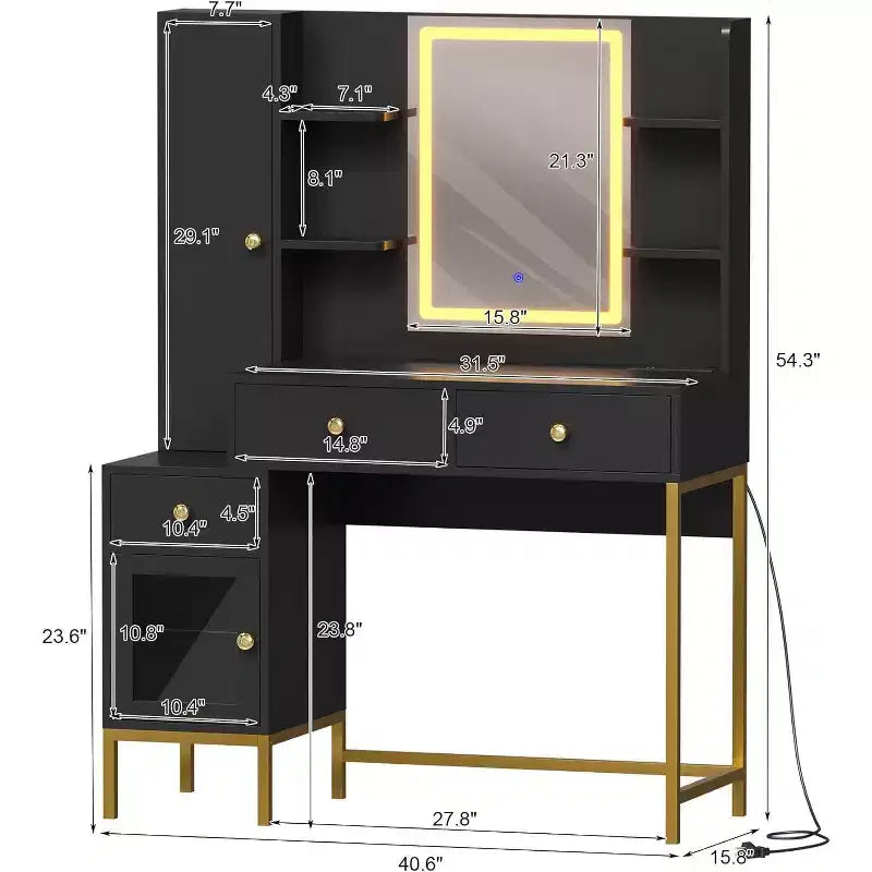 Tocador de maquillaje y taburete, escritorio blanco con espejo, puertos de carga, 3 cajones, gabinete visible, estantes abiertos, 109 cm, para dormitorio