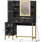 Tocador de maquillaje y taburete, escritorio blanco con espejo, puertos de carga, 3 cajones, gabinete visible, estantes abiertos, 109 cm, para dormitorio