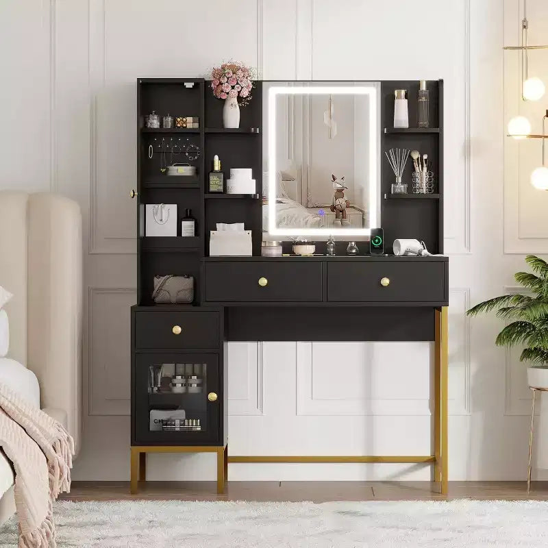 Tocador de maquillaje y taburete, escritorio blanco con espejo, puertos de carga, 3 cajones, gabinete visible, estantes abiertos, 109 cm, para dormitorio