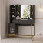 Tocador de maquillaje y taburete, escritorio blanco con espejo, puertos de carga, 3 cajones, gabinete visible, estantes abiertos, 109 cm, para dormitorio
