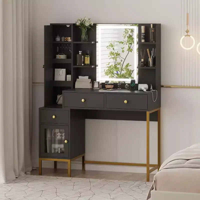Tocador de maquillaje y taburete, escritorio blanco con espejo, puertos de carga, 3 cajones, gabinete visible, estantes abiertos, 109 cm, para dormitorio