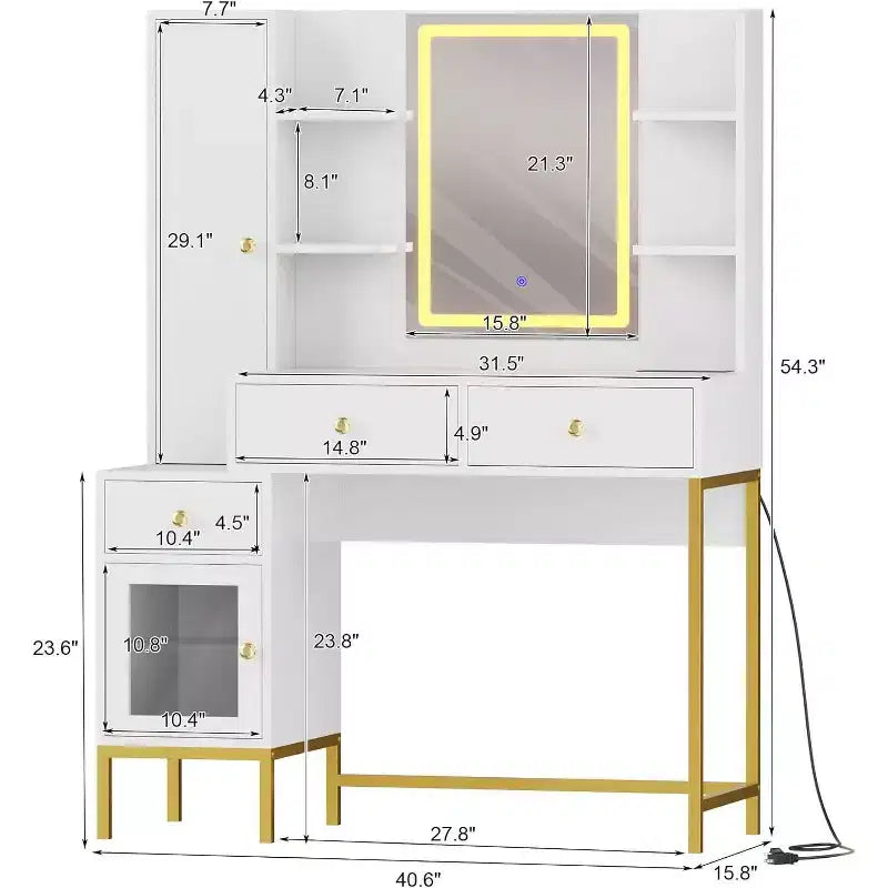 Tocador de maquillaje y taburete, escritorio blanco con espejo, puertos de carga, 3 cajones, gabinete visible, estantes abiertos, 109 cm, para dormitorio