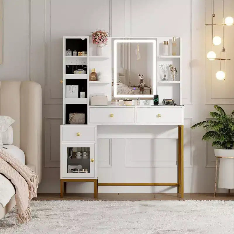 Tocador de maquillaje y taburete, escritorio blanco con espejo, puertos de carga, 3 cajones, gabinete visible, estantes abiertos, 109 cm, para dormitorio