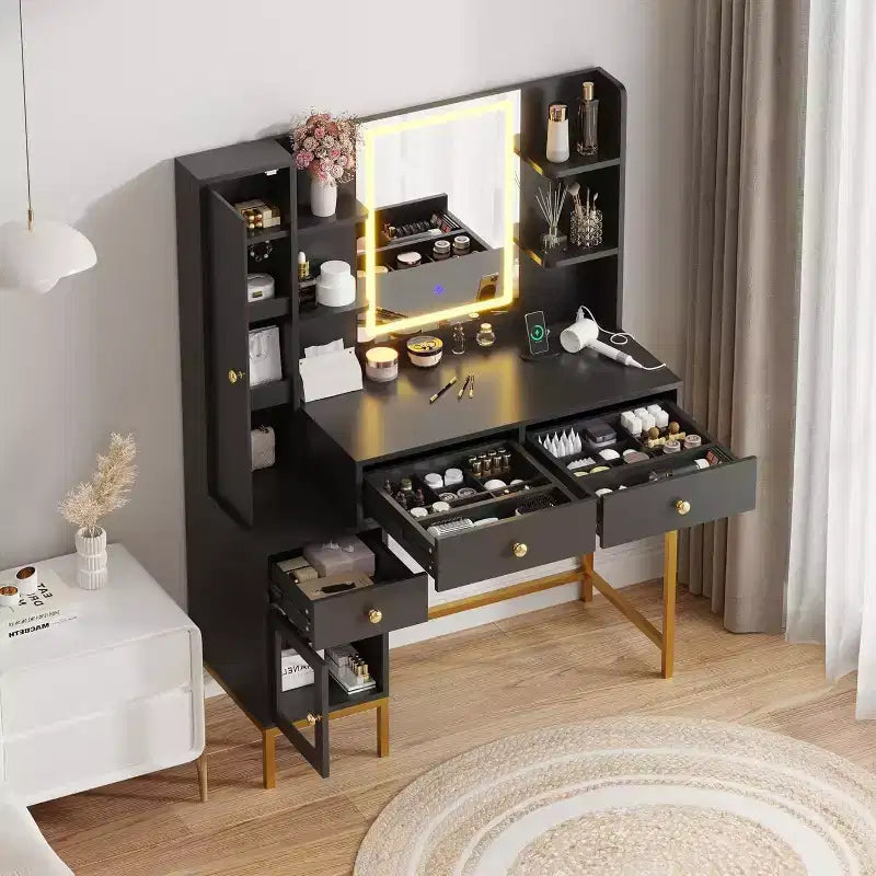 Acekool Makeup Vanity and Stool Set, White Desk with Mirror, Charging Ports, 3 Drawers, Visible Cabinet, Open Shelves, 43 Inch, For Bedroom