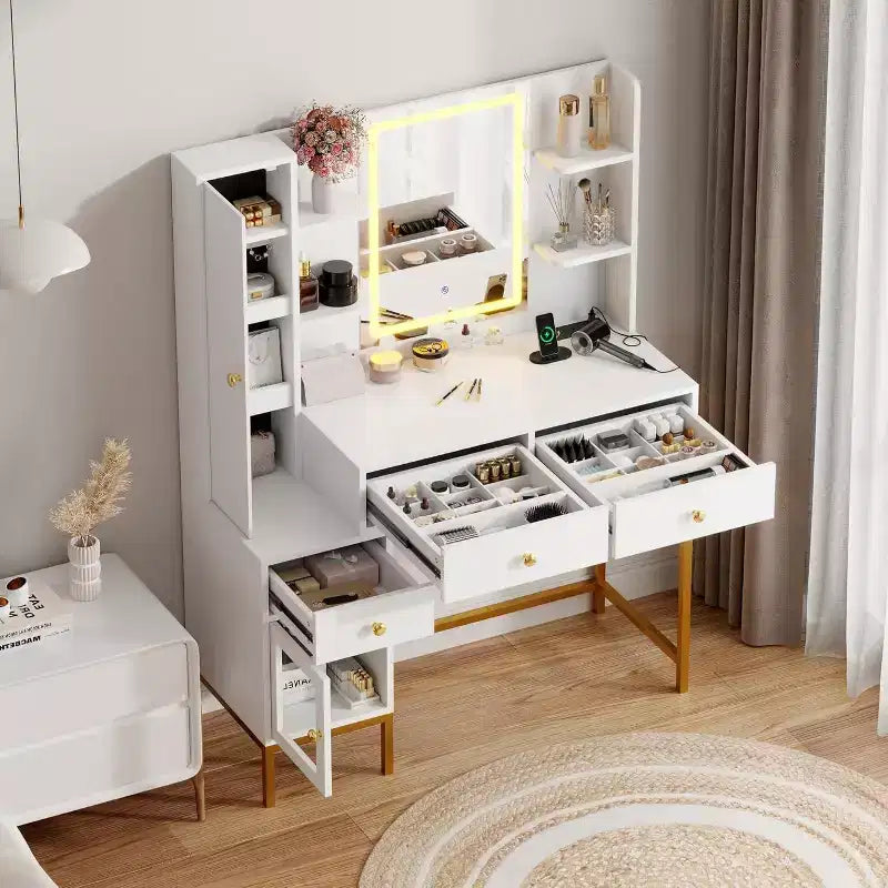 Tocador de maquillaje y taburete, escritorio blanco con espejo, puertos de carga, 3 cajones, gabinete visible, estantes abiertos, 109 cm, para dormitorio