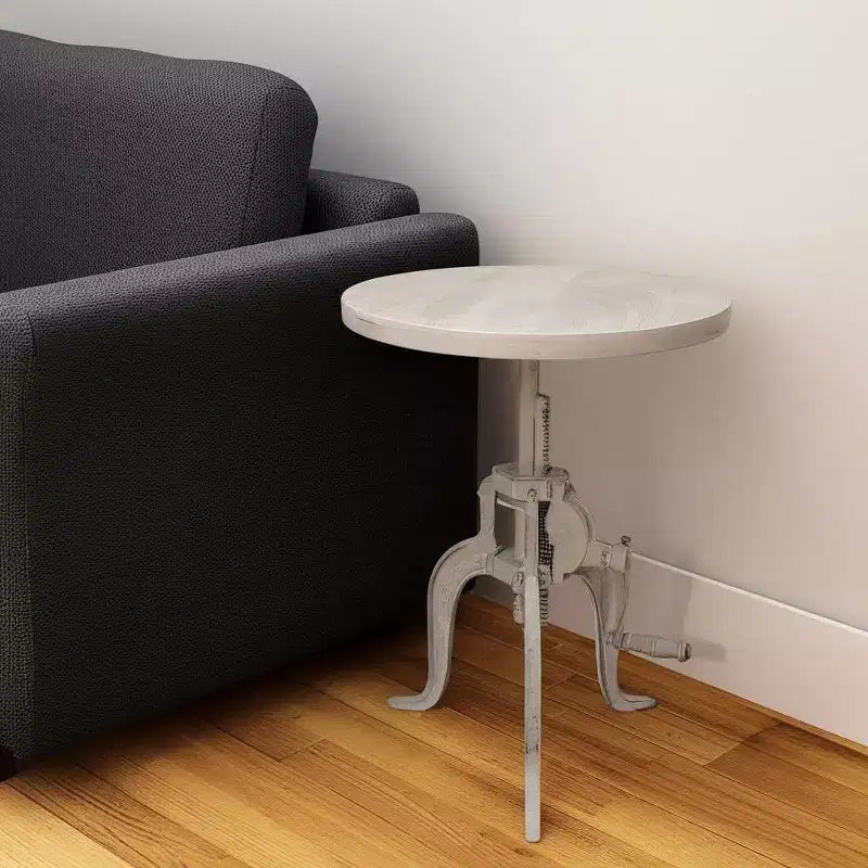 Mesa auxiliar redonda de altura ajustable de madera maciza blanca y hierro de 19