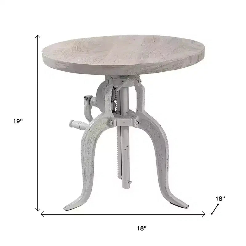 Mesa auxiliar redonda de altura ajustable de madera maciza blanca y hierro de 19