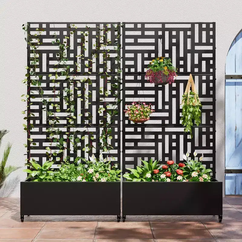 MAYEERTY 72x35x16 Inch Black Metal Rectangular Planter Box with Trellis for Street, Patio, Garden and Outdoor Decor