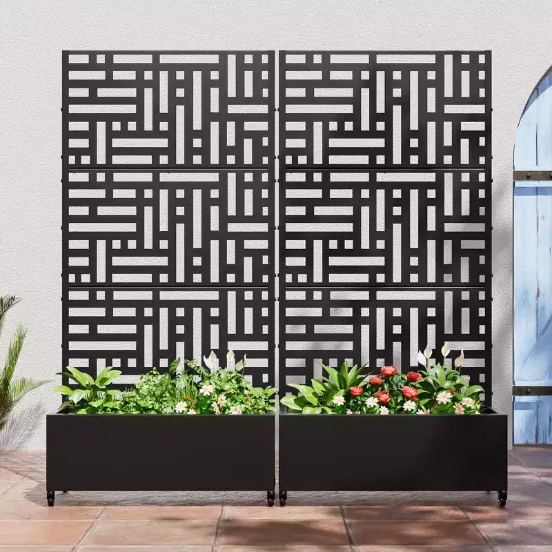 Macetero rectangular de metal negro de 72x35x16 pulgadas con celosía para calle, patio, jardín y decoración exterior
