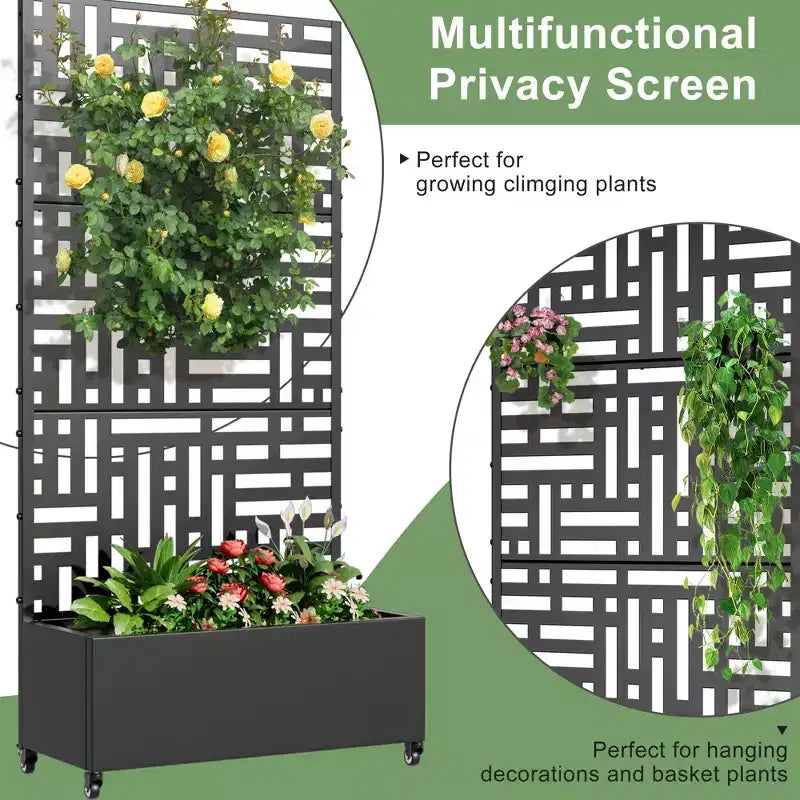 Macetero rectangular de metal negro de 72x35x16 pulgadas con celosía para calle, patio, jardín y decoración exterior