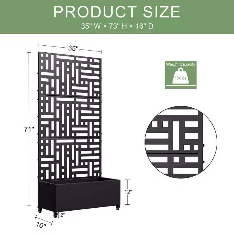Macetero rectangular de metal negro de 72x35x16 pulgadas con celosía para calle, patio, jardín y decoración exterior