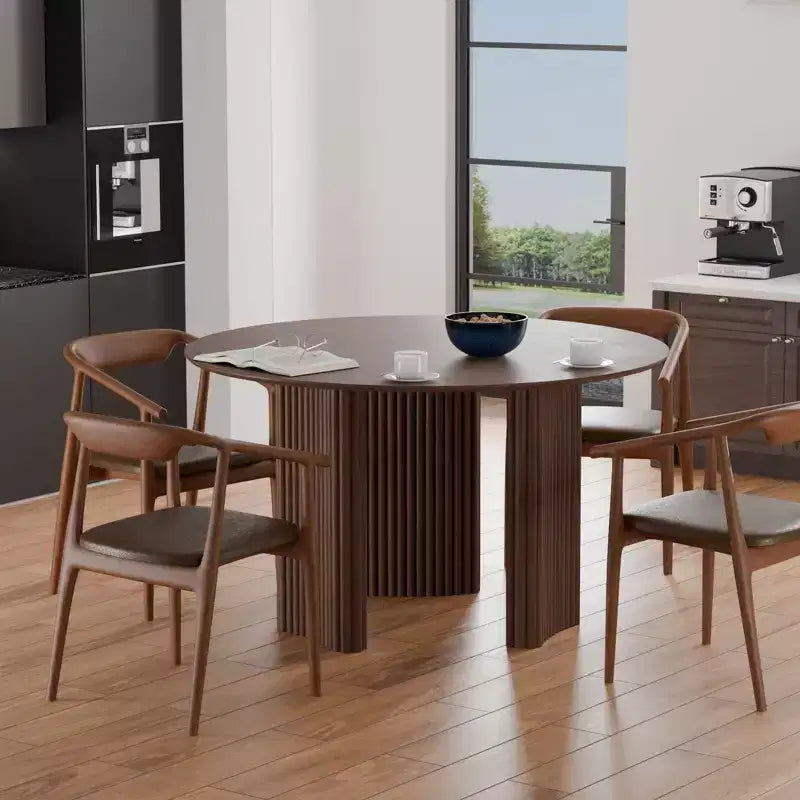 PexFix 46 Round Dining Table Kitchen Table for 4 with Arc-Shaped Edge Top and Fluted Pedestal Legs for Living Room Dining Room Coffee Office Walnut