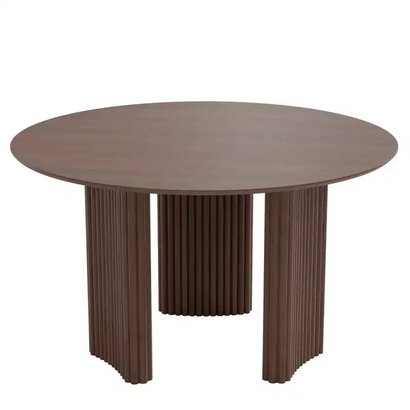 Mesa de comedor redonda de 46" para 4 personas con tablero de borde arqueado y patas de pedestal estriadas para sala de estar, comedor, café, oficina, nogal