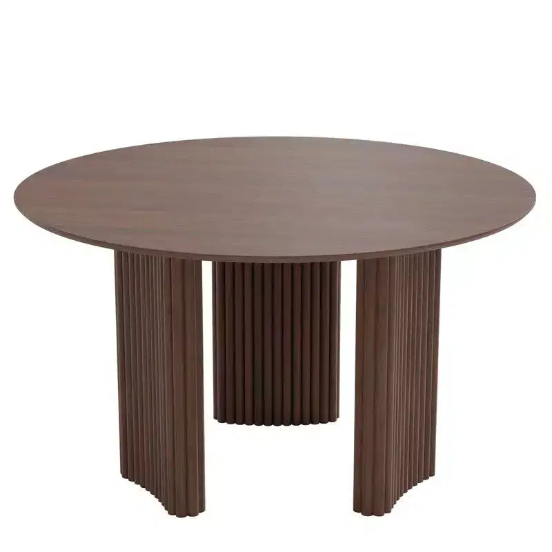 Mesa de comedor redonda de 46" para 4 personas con tablero de borde arqueado y patas de pedestal estriadas para sala de estar, comedor, café, oficina, nogal