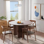 Mesa de comedor redonda de 46" para 4 personas con tablero de borde arqueado y patas de pedestal estriadas para sala de estar, comedor, café, oficina, nogal