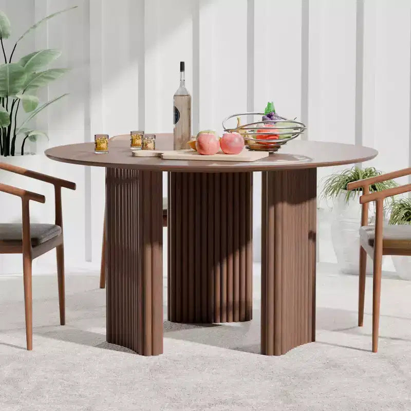 Mesa de comedor redonda de 46" para 4 personas con tablero de borde arqueado y patas de pedestal estriadas para sala de estar, comedor, café, oficina, nogal