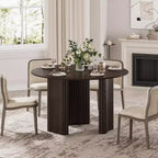 Mesa de comedor redonda de 46" para 4 personas con tablero de borde arqueado y patas de pedestal estriadas para sala de estar, comedor, café, oficina, nogal