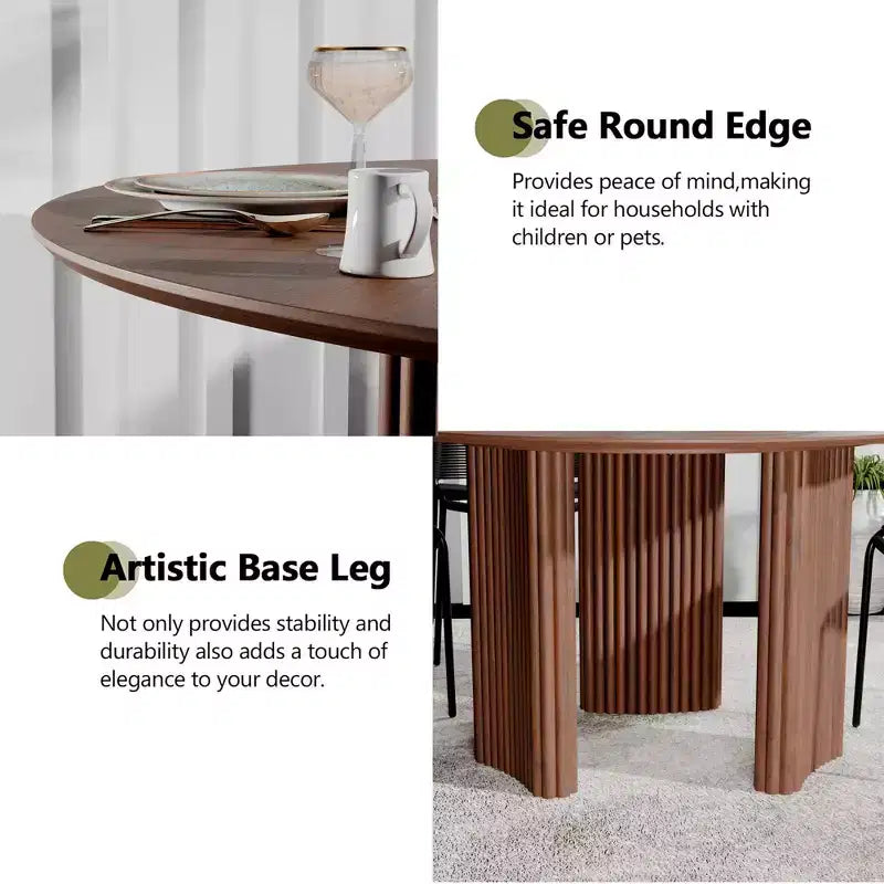 Mesa de comedor redonda de 46" para 4 personas con tablero de borde arqueado y patas de pedestal estriadas para sala de estar, comedor, café, oficina, nogal