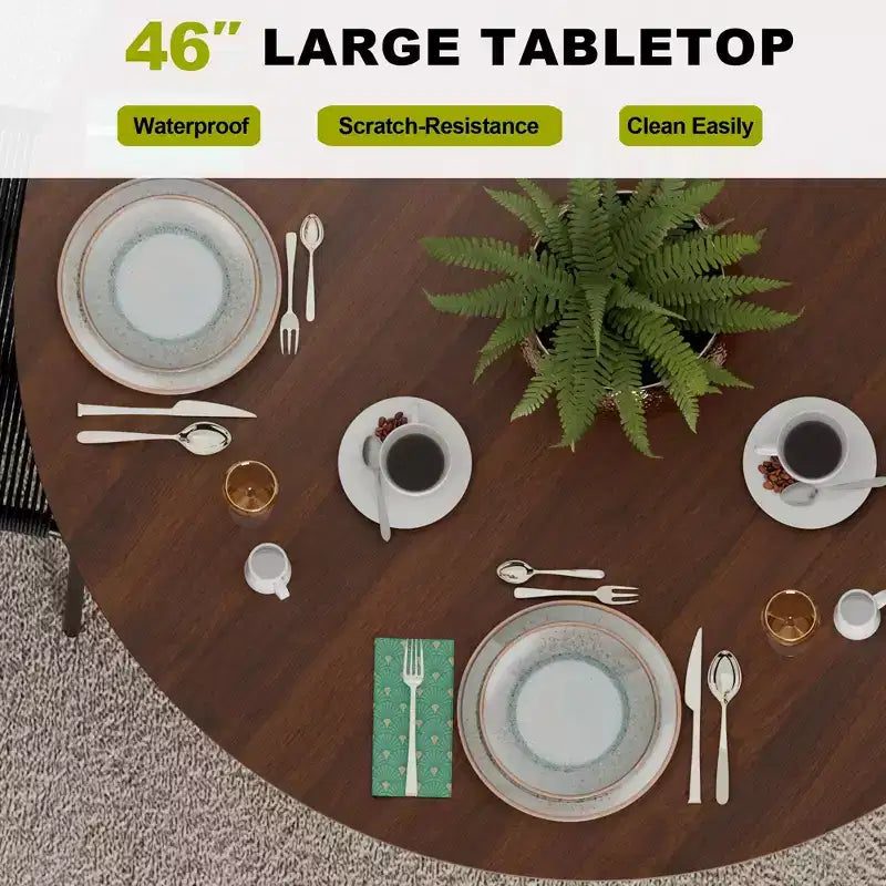 Mesa de comedor redonda de 46" para 4 personas con tablero de borde arqueado y patas de pedestal estriadas para sala de estar, comedor, café, oficina, nogal