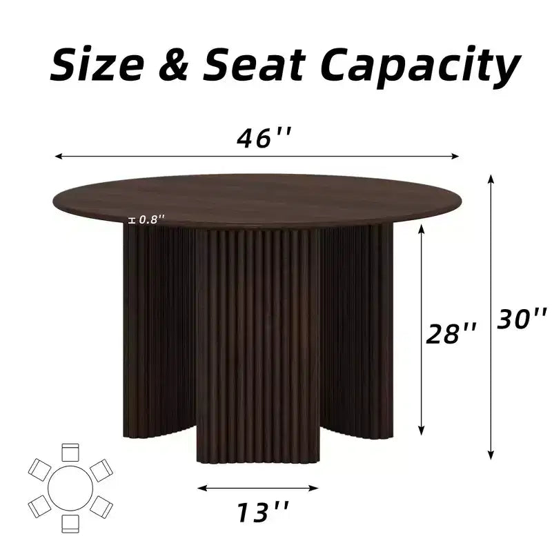 Mesa de comedor redonda de 46" para 4 personas con tablero de borde arqueado y patas de pedestal estriadas para sala de estar, comedor, café, oficina, nogal