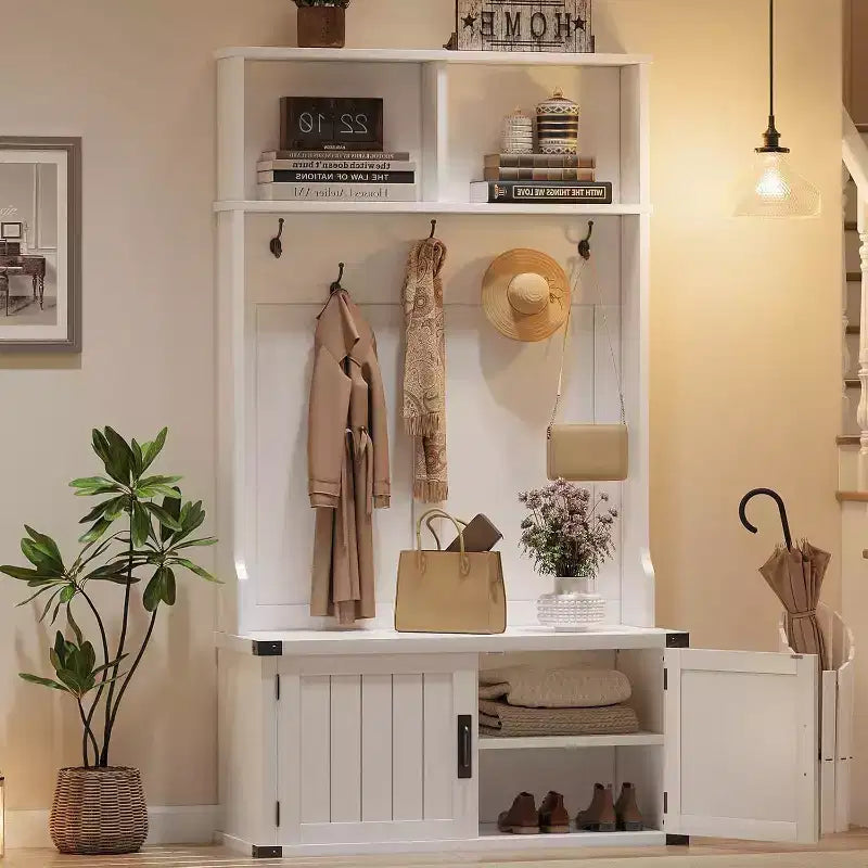 Acekool 76 Hall Tree with Bench, Shoe Storage, Coat Rack & 5 Hooks, Adjustable Shelf, Entryway Organizer, White, Space Saving
