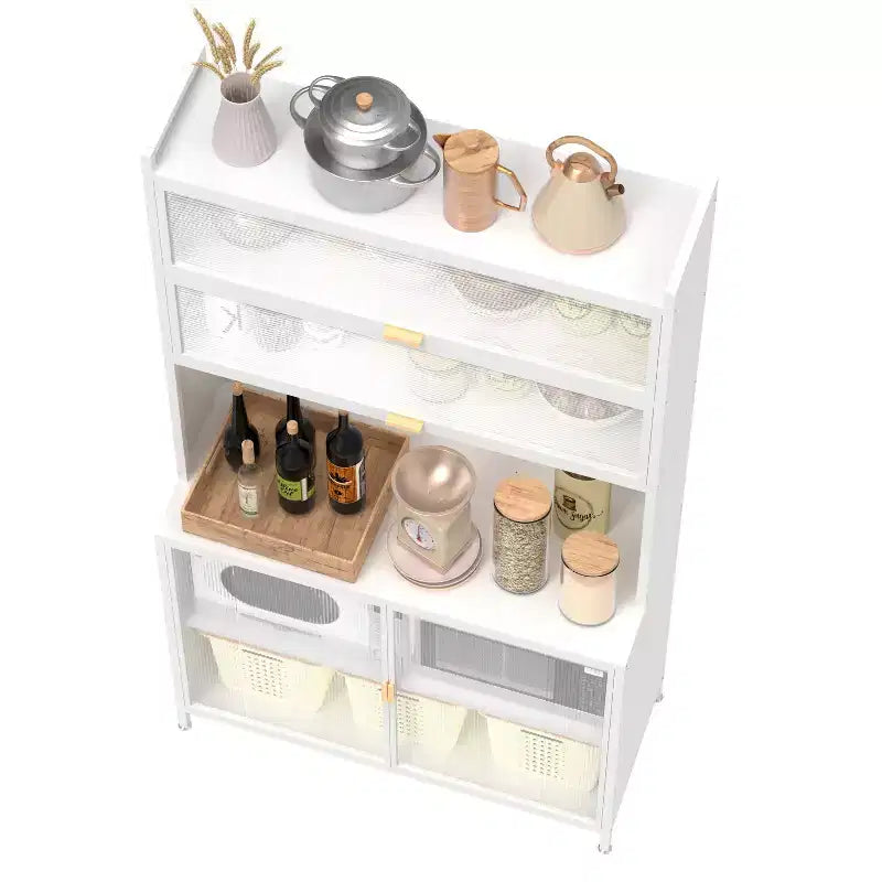 Armario alto con diseño antivuelco, Armario despensa con 6 puertas abatibles de nivel y tablero perforado, Armario para cocina, comedor, sala de estar