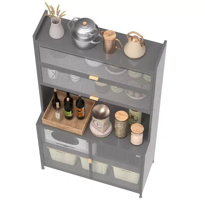 Armario alto con diseño antivuelco, Armario despensa con 6 puertas abatibles de nivel y tablero perforado, Armario para cocina, comedor, sala de estar