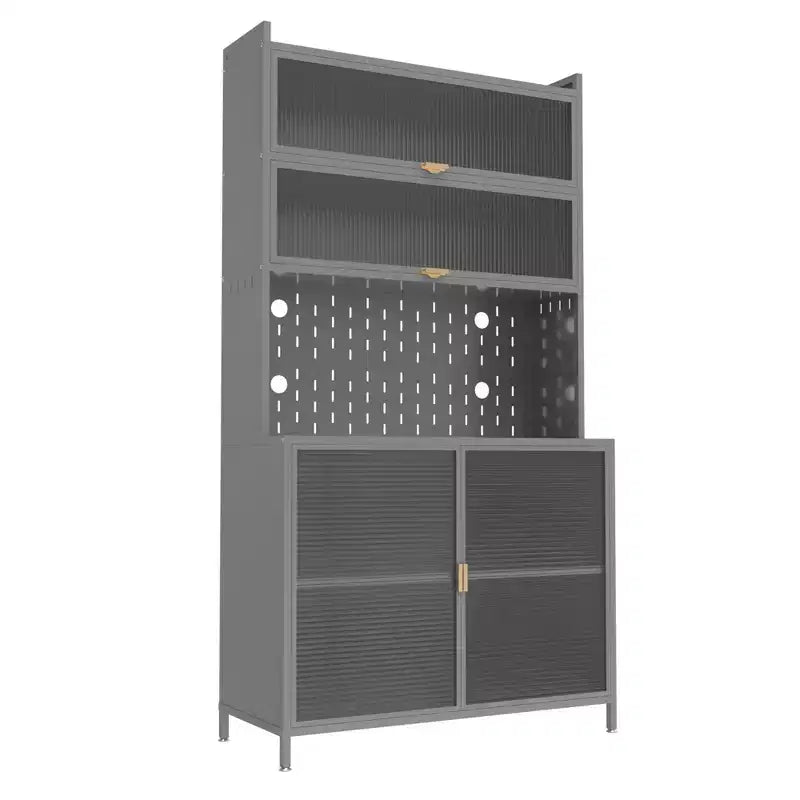Armario alto con diseño antivuelco, Armario despensa con 6 puertas abatibles de nivel y tablero perforado, Armario para cocina, comedor, sala de estar