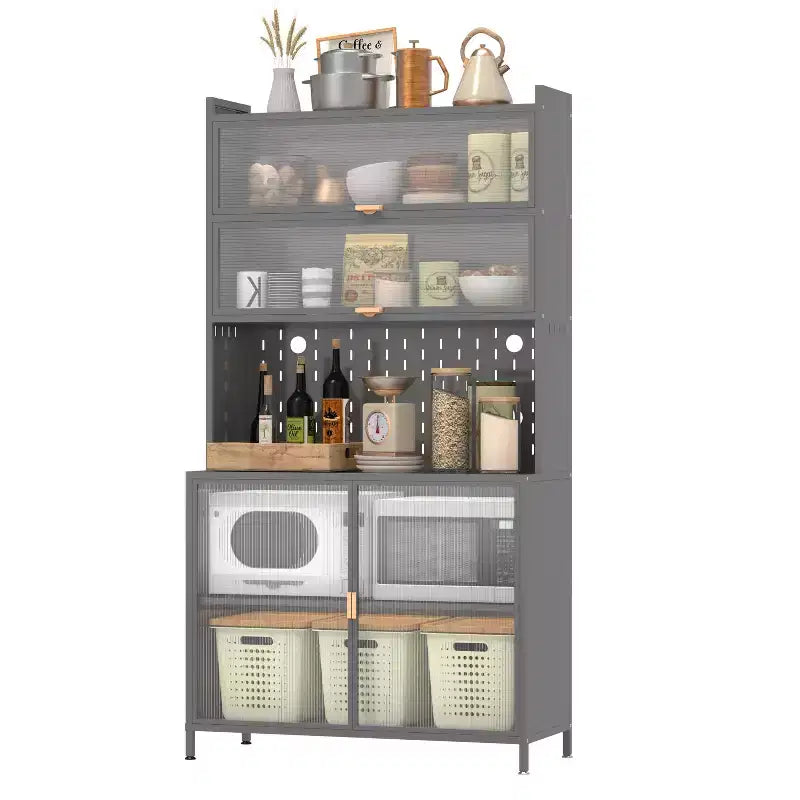 Armario alto con diseño antivuelco, Armario despensa con 6 puertas abatibles de nivel y tablero perforado, Armario para cocina, comedor, sala de estar