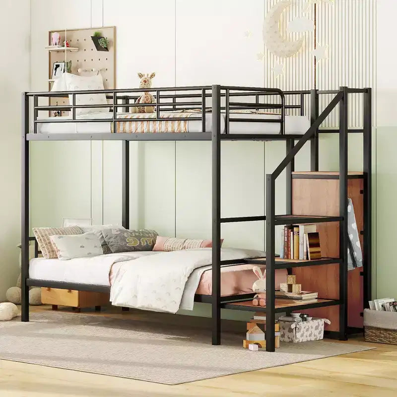 Bellemave Twin Over Twin Metal Bunk Bed with Lateral Storage Ladder and Wardrobe, Black
