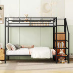 Litera de metal doble sobre doble con escalera de almacenamiento lateral y armario, negro