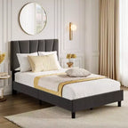 Coolmee Twin/Full/Queen/King Size Bed Frame with Adjustable Headboard, Linen Upholstered Platform Bed Frame with Strong Wooden Slats