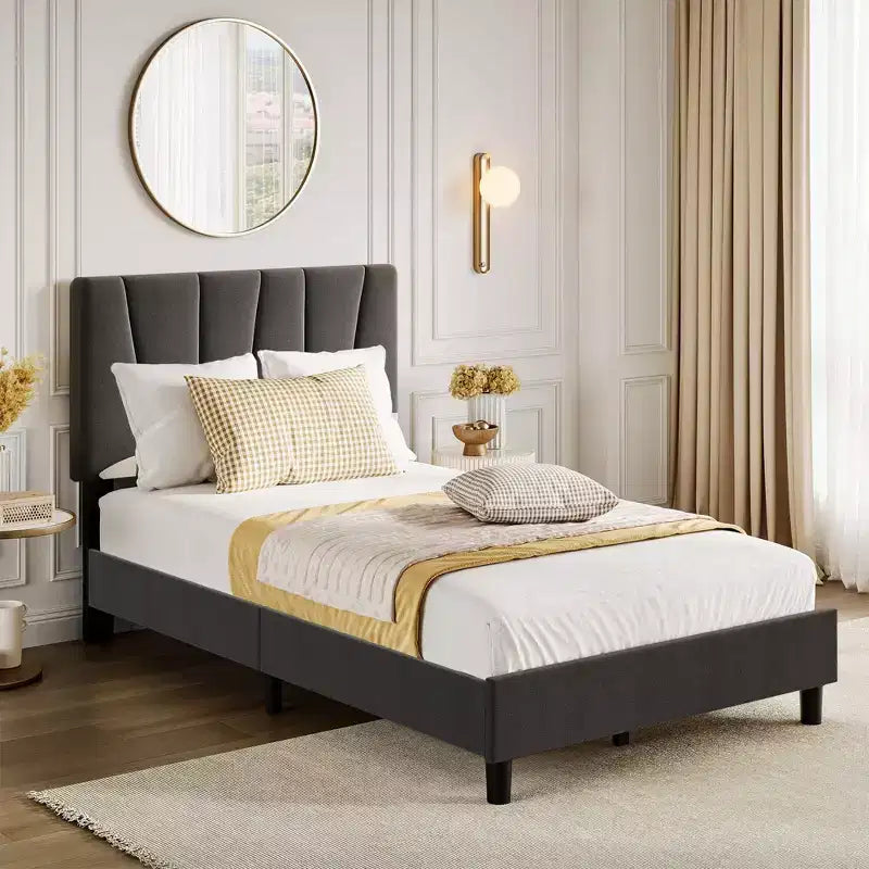 Coolmee Twin/Full/Queen/King Size Bed Frame with Adjustable Headboard, Linen Upholstered Platform Bed Frame with Strong Wooden Slats