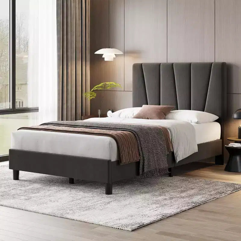 Estructura de cama Twin/Full/Queen/King con cabecero ajustable, plataforma tapizada en lino con fuertes listones de madera