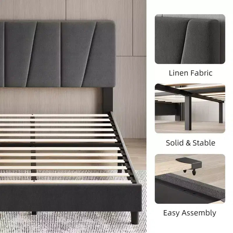 Estructura de cama Twin/Full/Queen/King con cabecero ajustable, plataforma tapizada en lino con fuertes listones de madera
