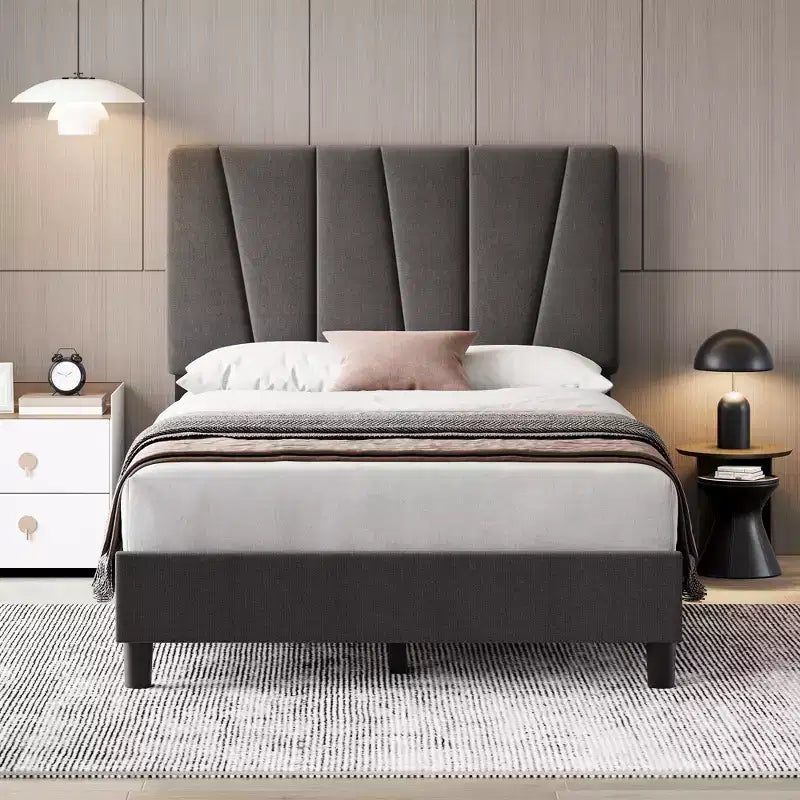 Estructura de cama Twin/Full/Queen/King con cabecero ajustable, plataforma tapizada en lino con fuertes listones de madera