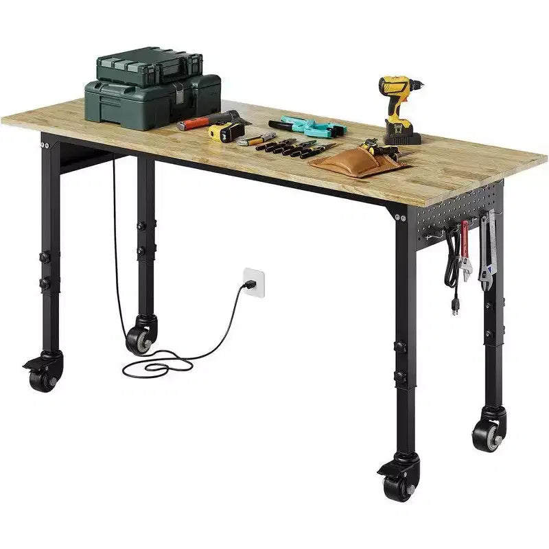 Adjustable Heavy Duty Wood Top Tool Bench Work Bench, 60'' Workbench with Power Outlet