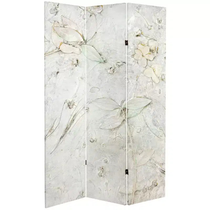 6" Double Sided Flowers Canvas Room Divider Ivory - Oriental Furniture: Adjustable 3-Panel, Spruce Wood Frame