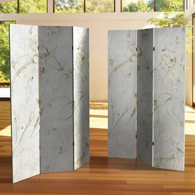 Divisor de habitación de lona de flores de doble cara de 6" color marfil - Oriental Furniture: 3 paneles ajustables, marco de madera de abeto