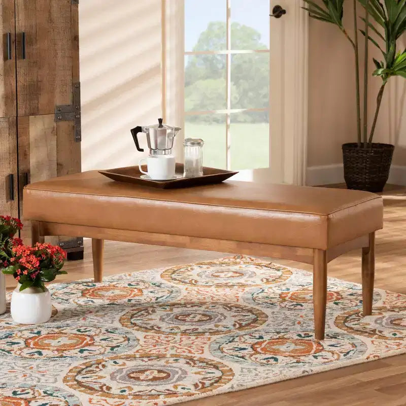 Arvid Mid-Century Faux Leather Upholstered Wood Dining Bench Walnut/Brown - Baxton Studio